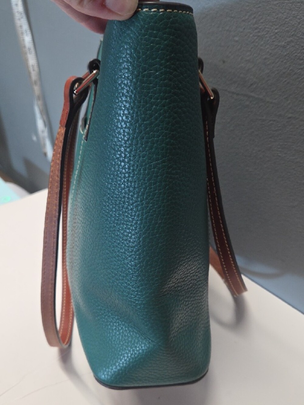 Dooney & Bourke Green Pebble Leather Tote with Brown Straps - Picture 3 of 12